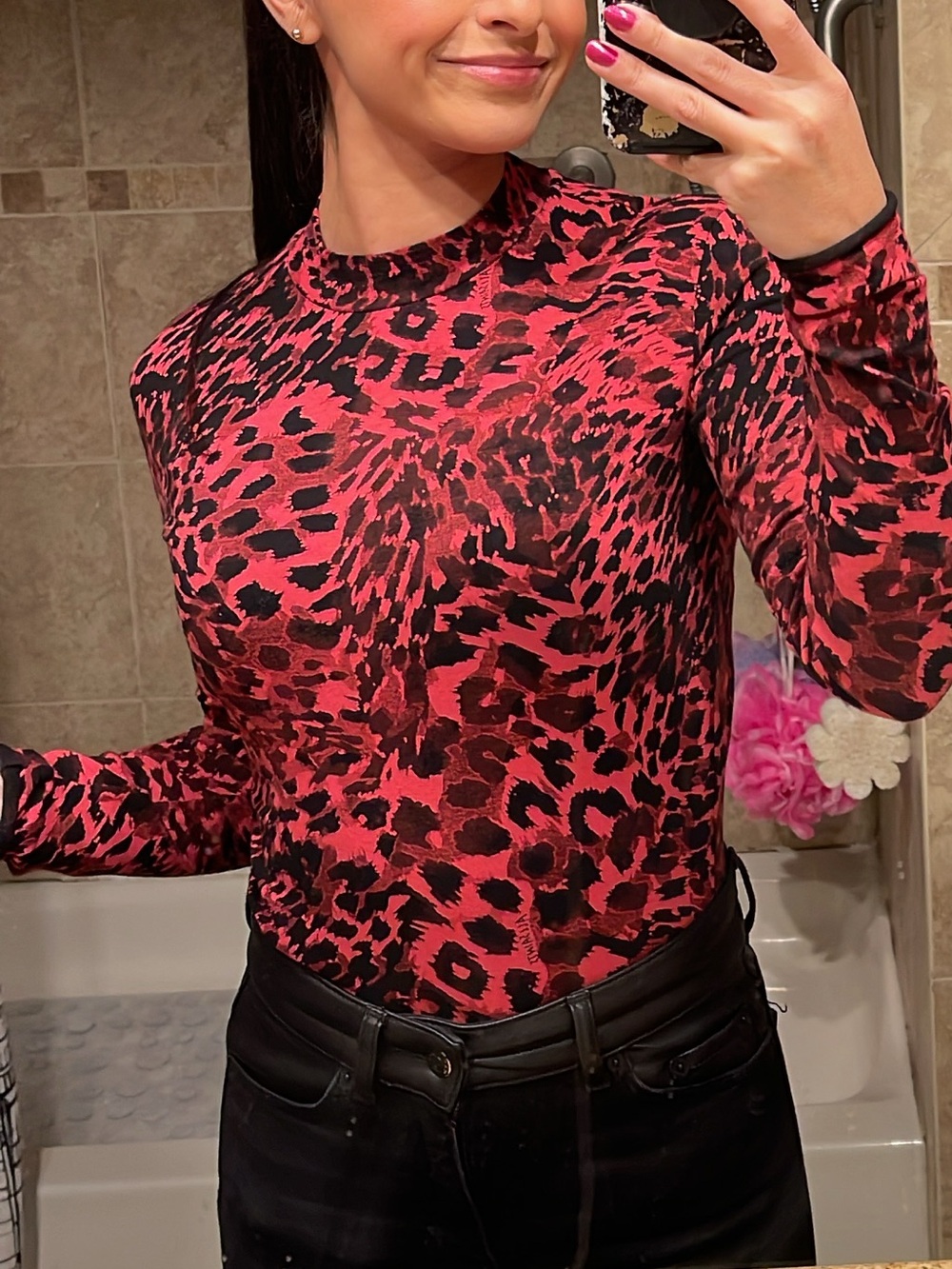 All Saints Red and Black Animal Print Long Sleeve Top